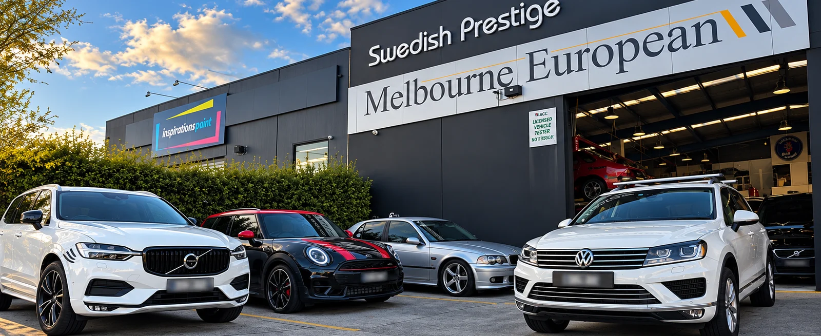 Melbourne European Oakleigh Workshop Melbourne European Swedish Prestige workshop exterior in Oakleigh with European vehicles parked outside